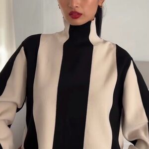 H&M Black and Natural White Striped Women's Turtleneck Sweater
